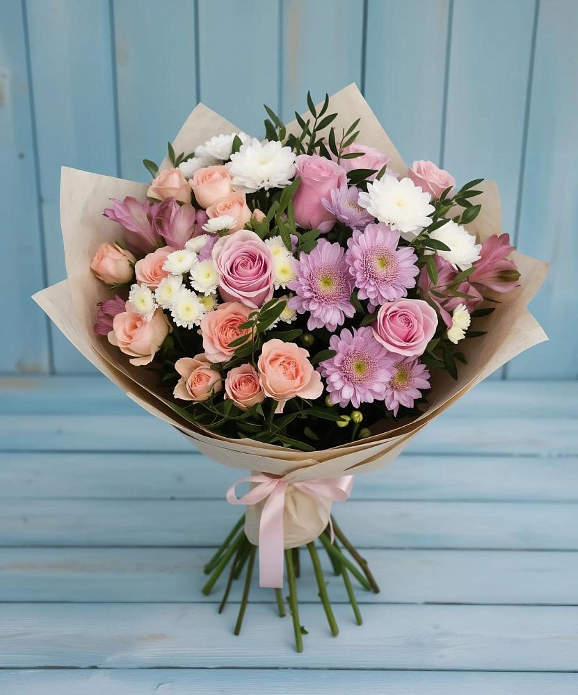 Букет цветов из: Хризантемы, Розы и Альстромерии в Первомайском Алтайского края