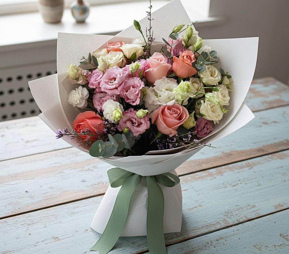 Букет цветов из: Розы, Лизиантусы и Гвоздики в Первомайском Алтайского края