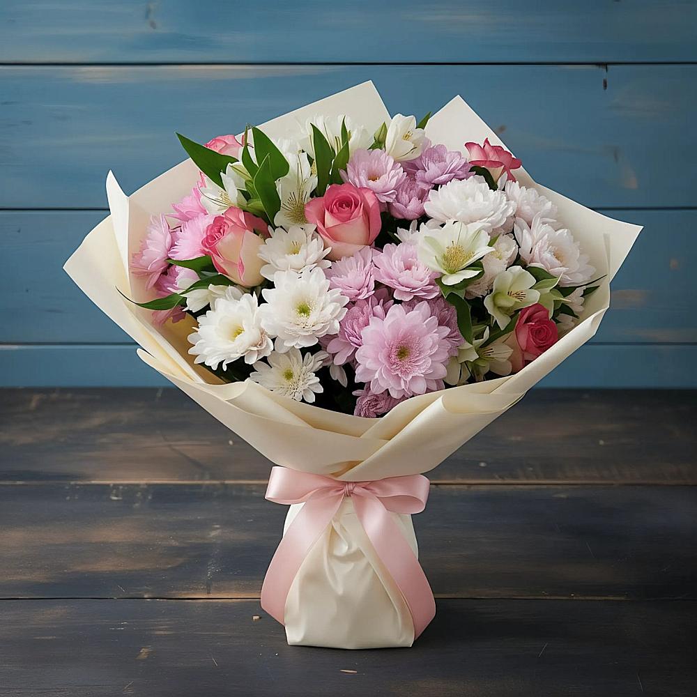 Букет цветов из: Хризантемы, Альстромерии и Розы в Первомайском Алтайского края